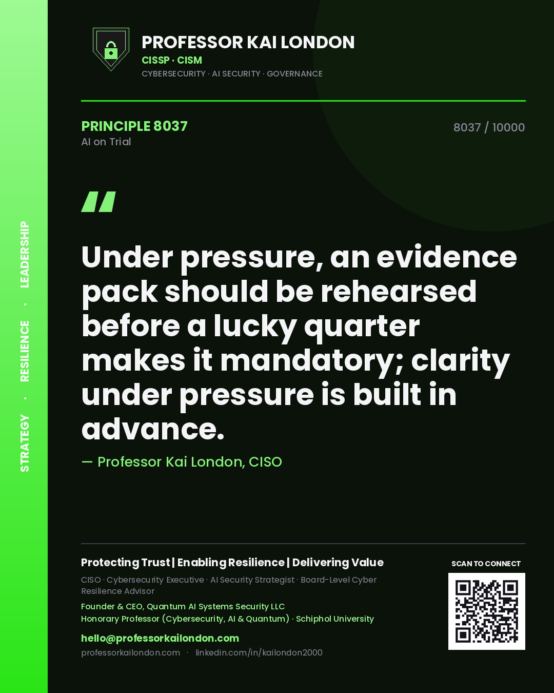Quote card by Professor Kai London reading 'Under pressure, an evidence pack should be rehearsed before a lucky quarter makes it mandatory; clarity under pressure is built in advance.'. From the book AI on Trial.