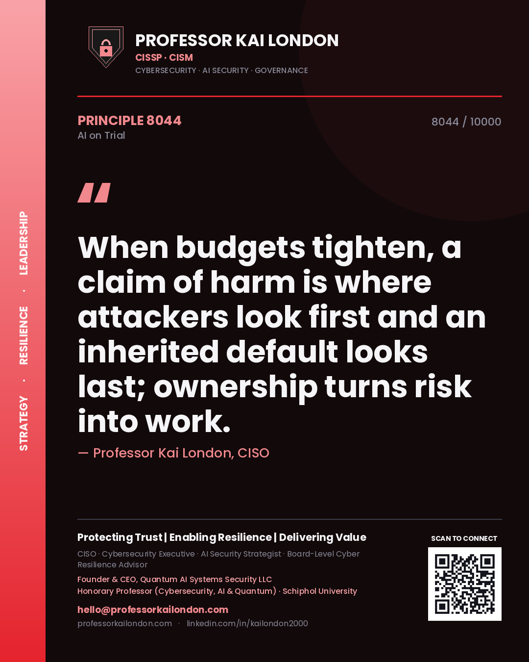 Quote card by Professor Kai London reading 'When budgets tighten, a claim of harm is where attackers look first and an inherited default looks last; ownership turns risk into work.'. From the book AI on Trial.