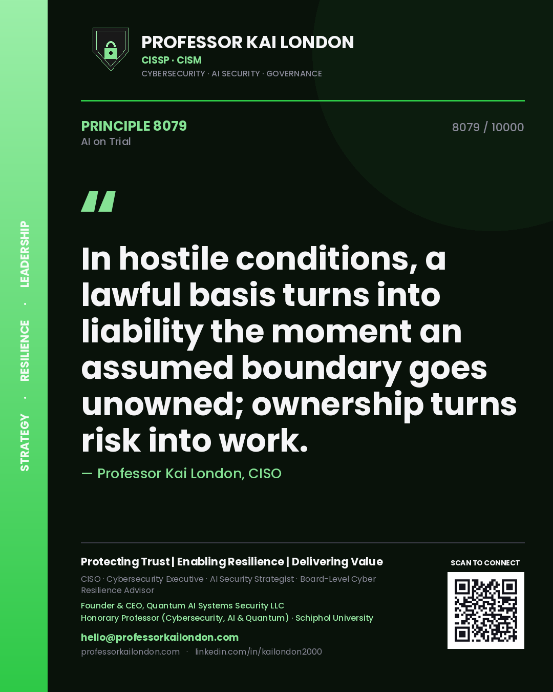 Quote card by Professor Kai London reading 'In hostile conditions, a lawful basis turns into liability the moment an assumed boundary goes unowned; ownership turns risk into work.'. From the book AI on Trial.