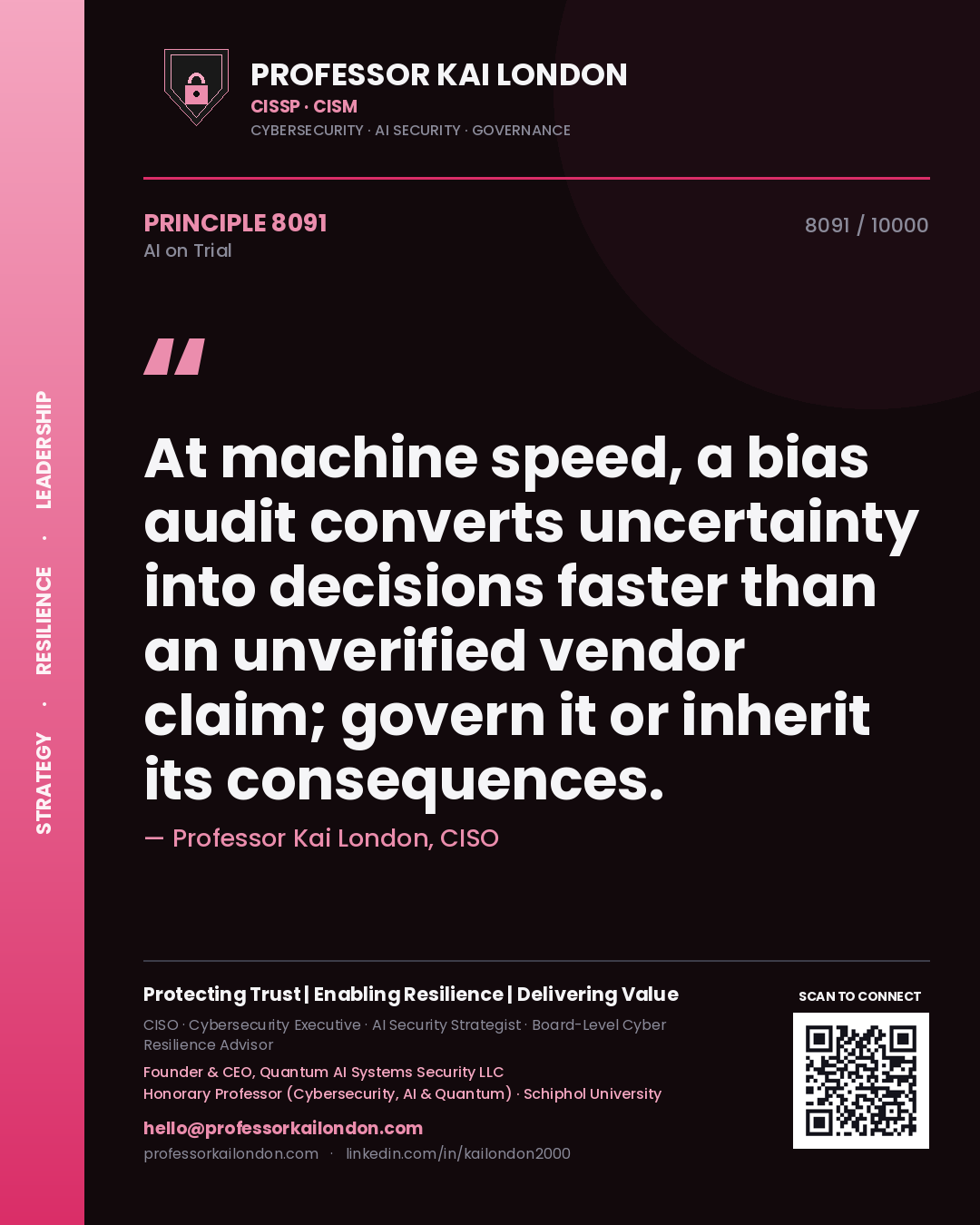 Quote card by Professor Kai London reading 'At machine speed, a bias audit converts uncertainty into decisions faster than an unverified vendor claim; govern it or inherit its consequences.'. From the book AI on Trial.