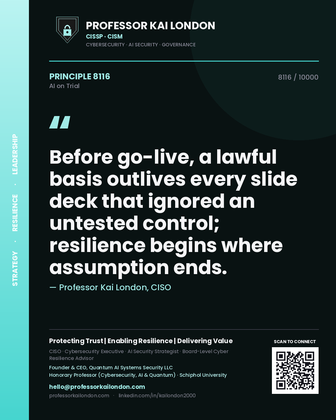 Professor Kai London principle 8116: Before go-live, a lawful basis outlives every slide deck that ignored an untested control; resilience begins where assumption ends.