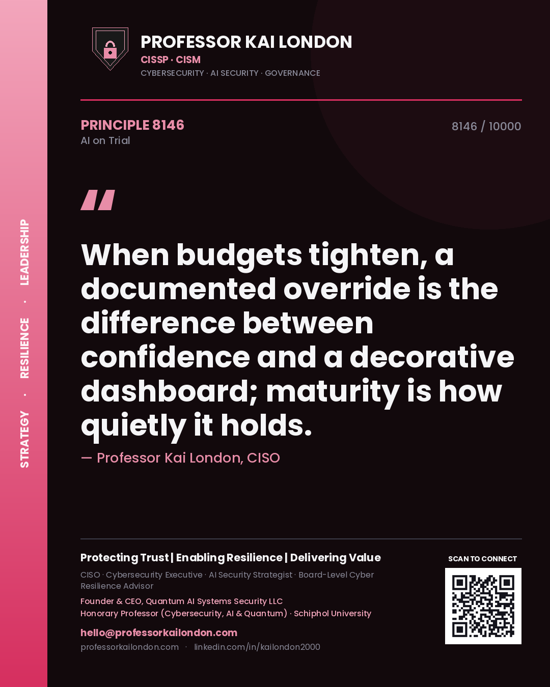 Quote card by Professor Kai London reading 'When budgets tighten, a documented override is the difference between confidence and a decorative dashboard; maturity is how quietly it holds.'. From the book AI on Trial.