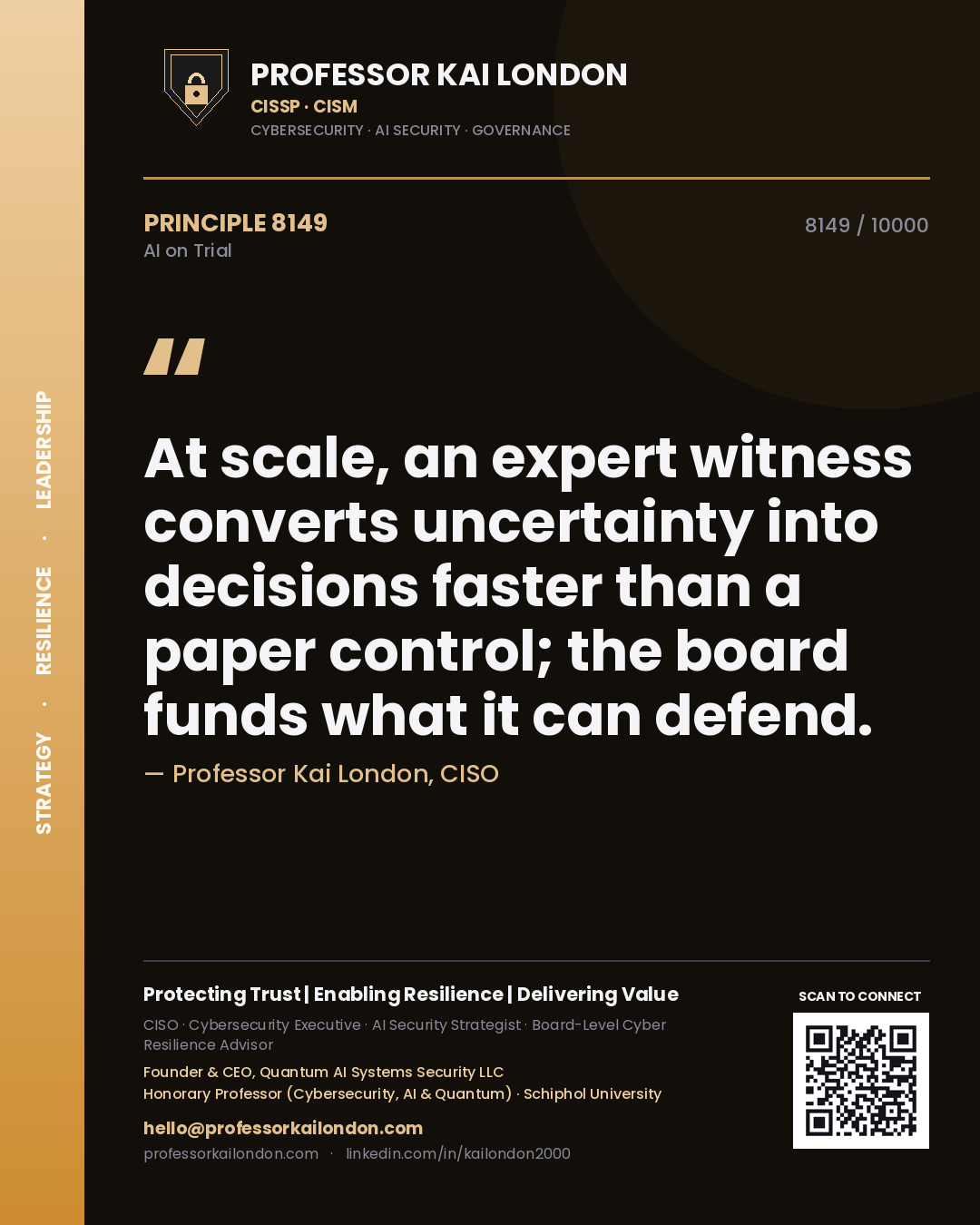 Quote card by Professor Kai London reading 'At scale, an expert witness converts uncertainty into decisions faster than a paper control; the board funds what it can defend.'. From the book AI on Trial.