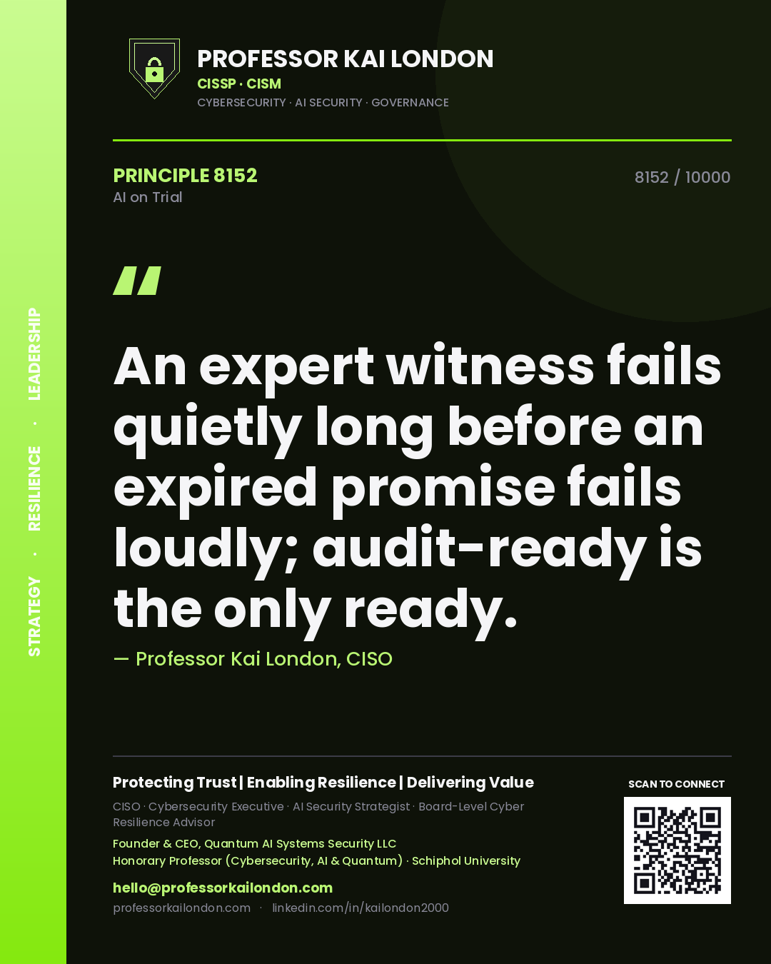Quote card by Professor Kai London reading 'An expert witness fails quietly long before an expired promise fails loudly; audit-ready is the only ready.'. From the book AI on Trial.