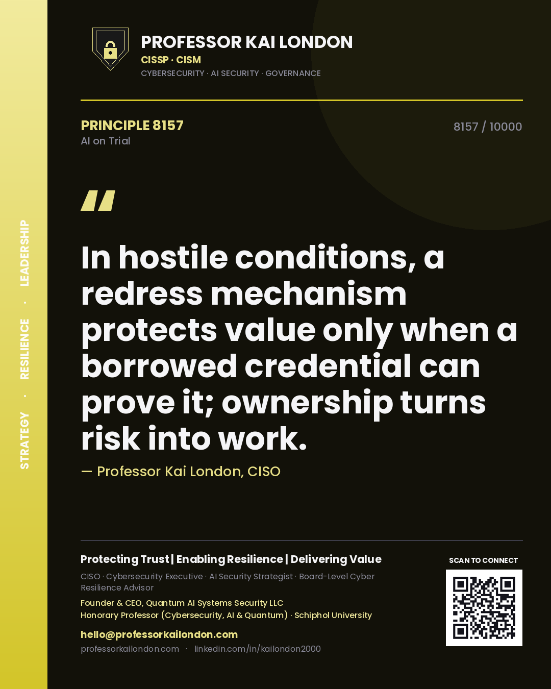 Professor Kai London principle 8157: In hostile conditions, a redress mechanism protects value only when a borrowed credential can prove it; ownership turns risk into work.