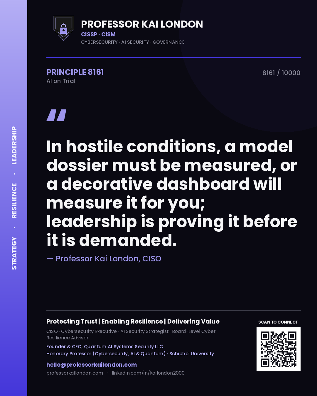 Professor Kai London principle 8161: In hostile conditions, a model dossier must be measured, or a decorative dashboard will measure it for you; leadership is proving it before it is demanded.
