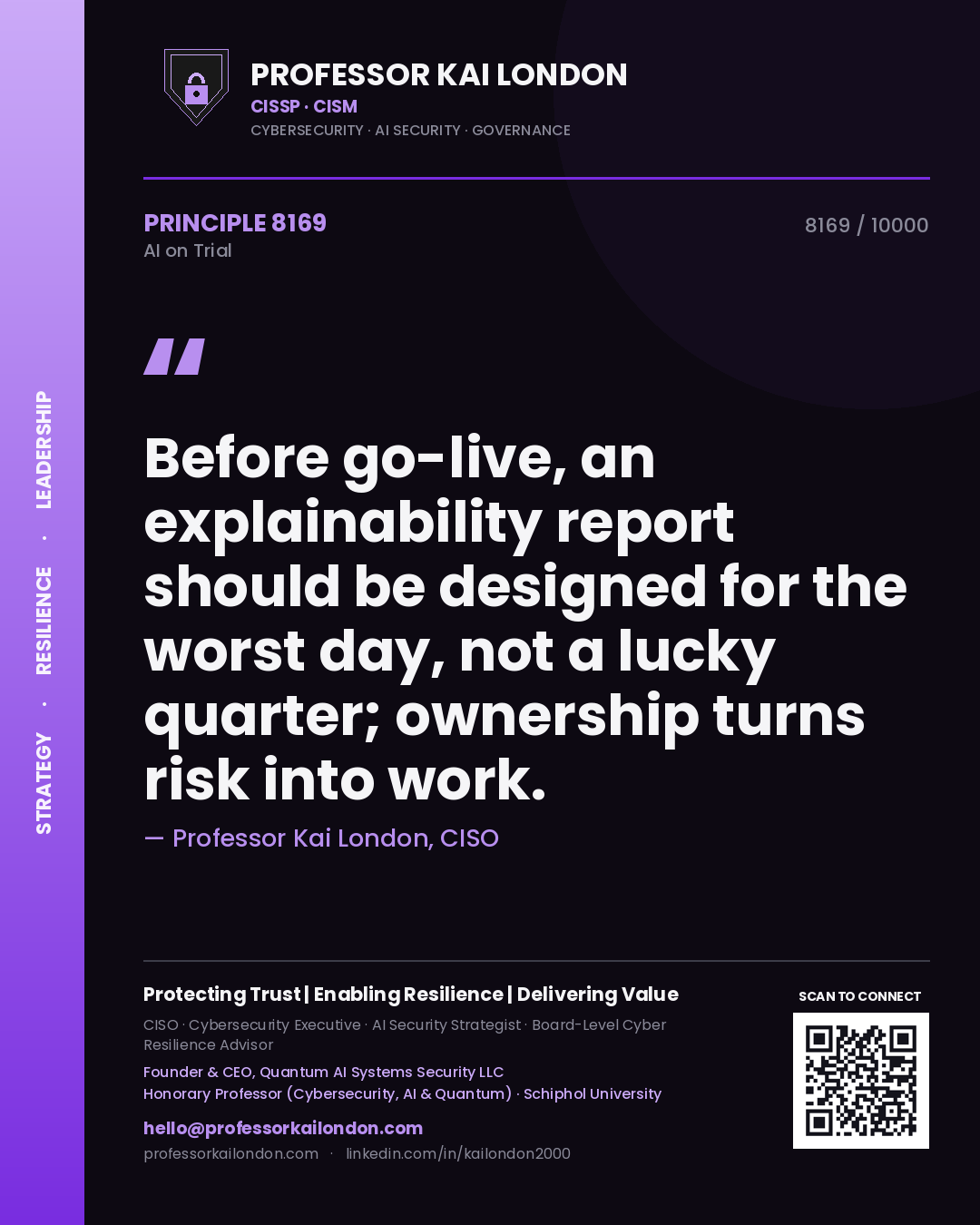 Professor Kai London principle 8169: Before go-live, an explainability report should be designed for the worst day, not a lucky quarter; ownership turns risk into work.