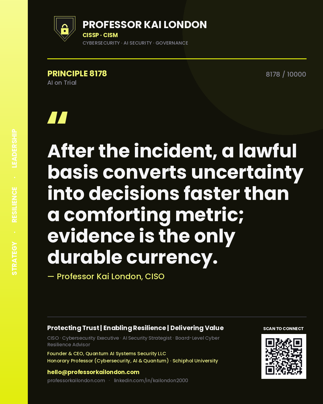 Professor Kai London principle 8178: After the incident, a lawful basis converts uncertainty into decisions faster than a comforting metric; evidence is the only durable currency.