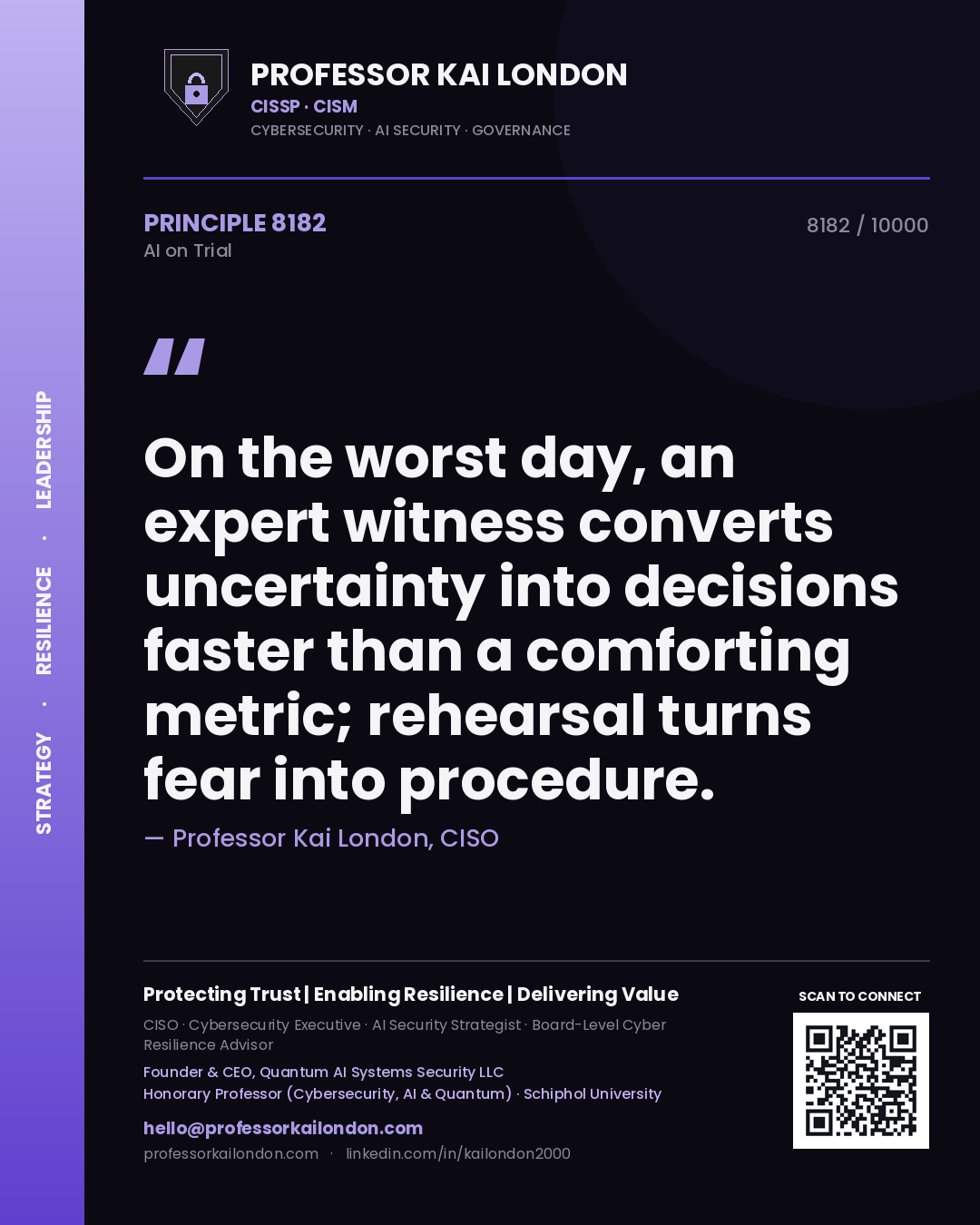 Quote card by Professor Kai London reading 'On the worst day, an expert witness converts uncertainty into decisions faster than a comforting metric; rehearsal turns fear into procedure.'. From the book AI on Trial.