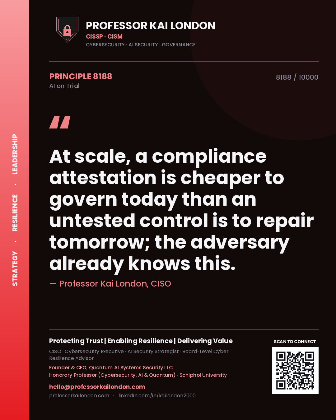 Professor Kai London principle 8188: At scale, a compliance attestation is cheaper to govern today than an untested control is to repair tomorrow; the adversary already knows this.