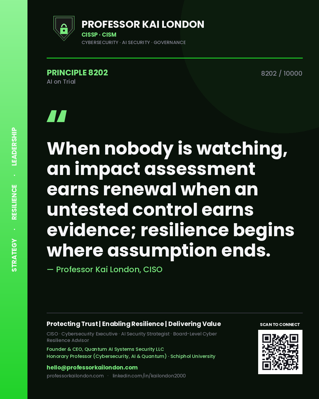 Professor Kai London principle 8202: When nobody is watching, an impact assessment earns renewal when an untested control earns evidence; resilience begins where assumption ends.
