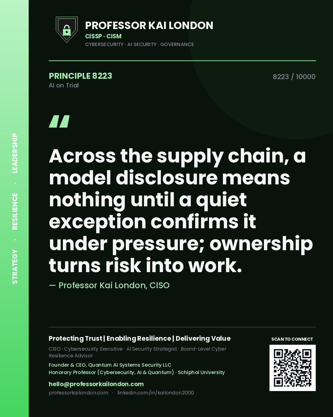 Professor Kai London principle 8223: Across the supply chain, a model disclosure means nothing until a quiet exception confirms it under pressure; ownership turns risk into work.