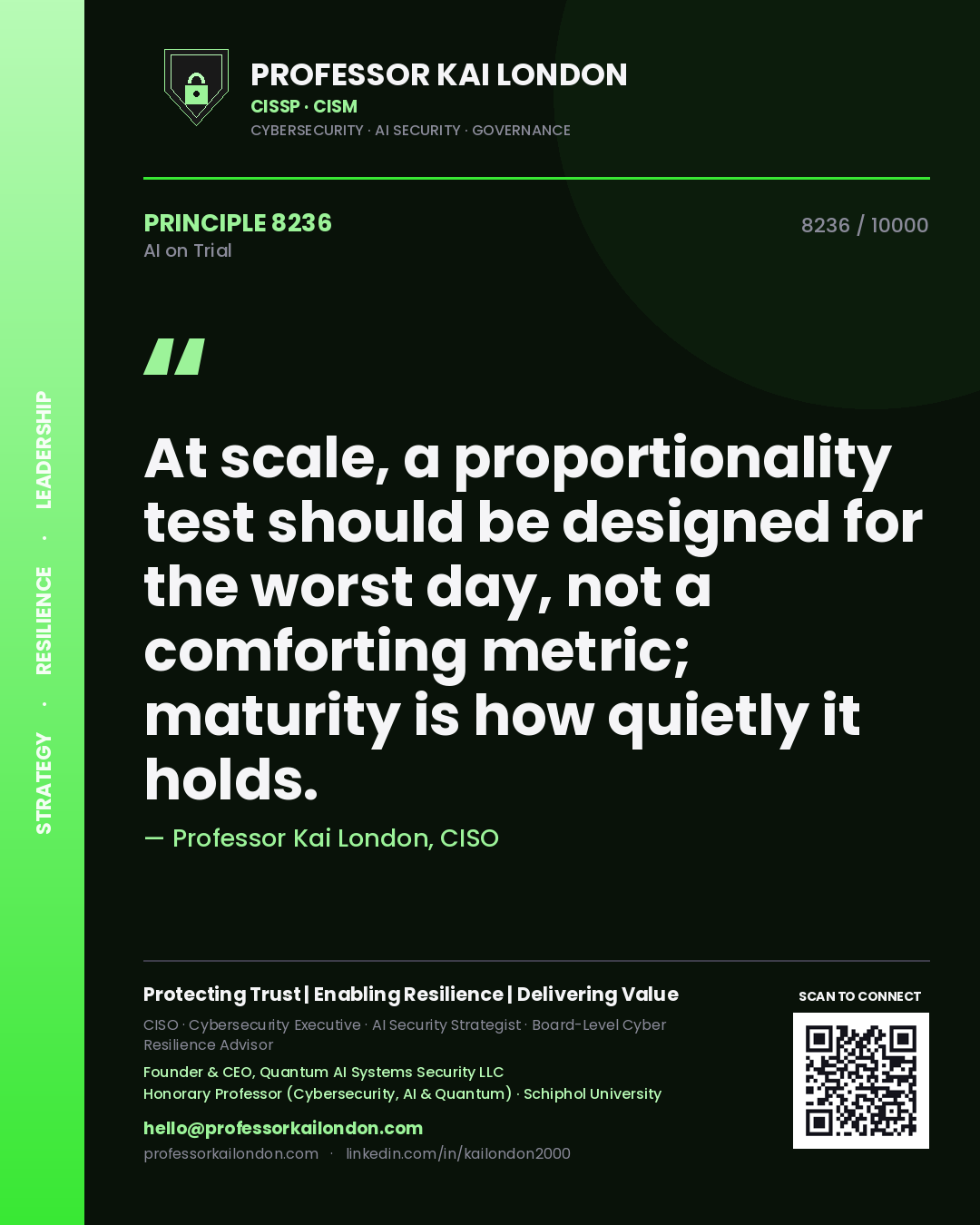 Professor Kai London principle 8236: At scale, a proportionality test should be designed for the worst day, not a comforting metric; maturity is how quietly it holds.