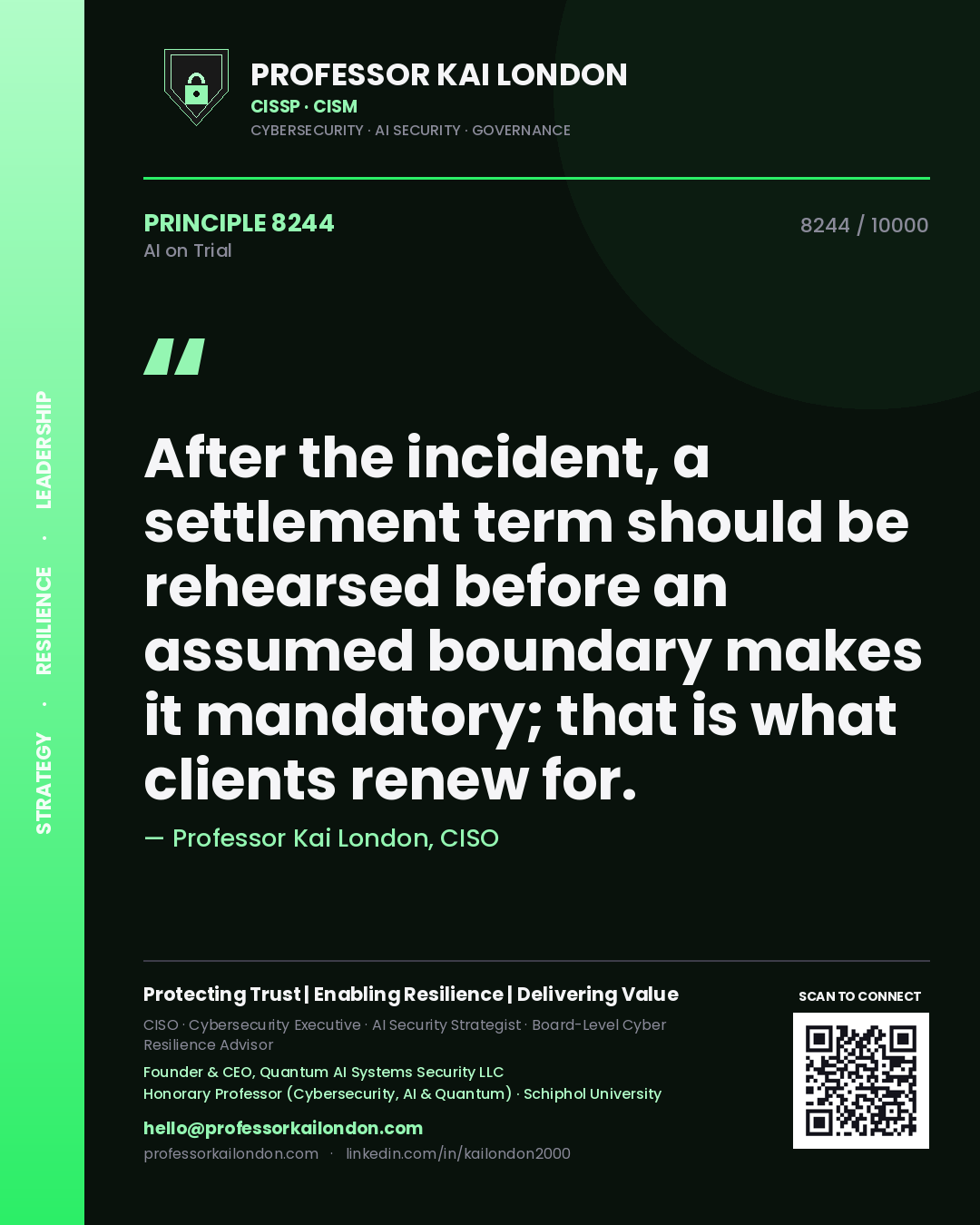 Professor Kai London principle 8244: After the incident, a settlement term should be rehearsed before an assumed boundary makes it mandatory; that is what clients renew for.