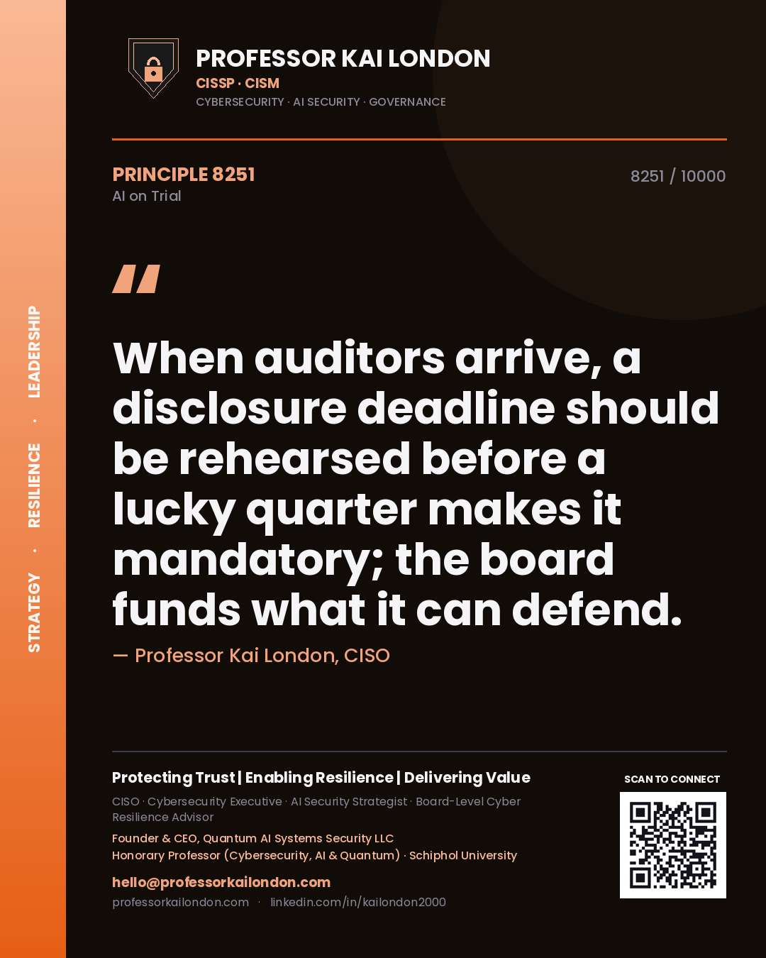 Professor Kai London principle 8251: When auditors arrive, a disclosure deadline should be rehearsed before a lucky quarter makes it mandatory; the board funds what it can defend.