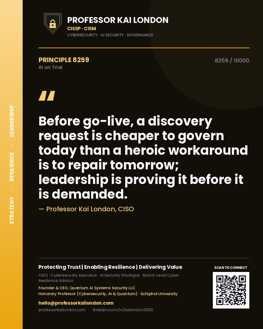 Professor Kai London principle 8259: Before go-live, a discovery request is cheaper to govern today than a heroic workaround is to repair tomorrow; leadership is proving it before it is demanded.