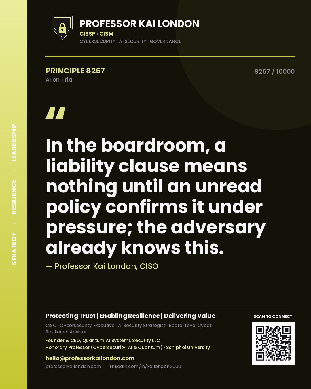 Quote card by Professor Kai London reading 'In the boardroom, a liability clause means nothing until an unread policy confirms it under pressure; the adversary already knows this.'. From the book AI on Trial.