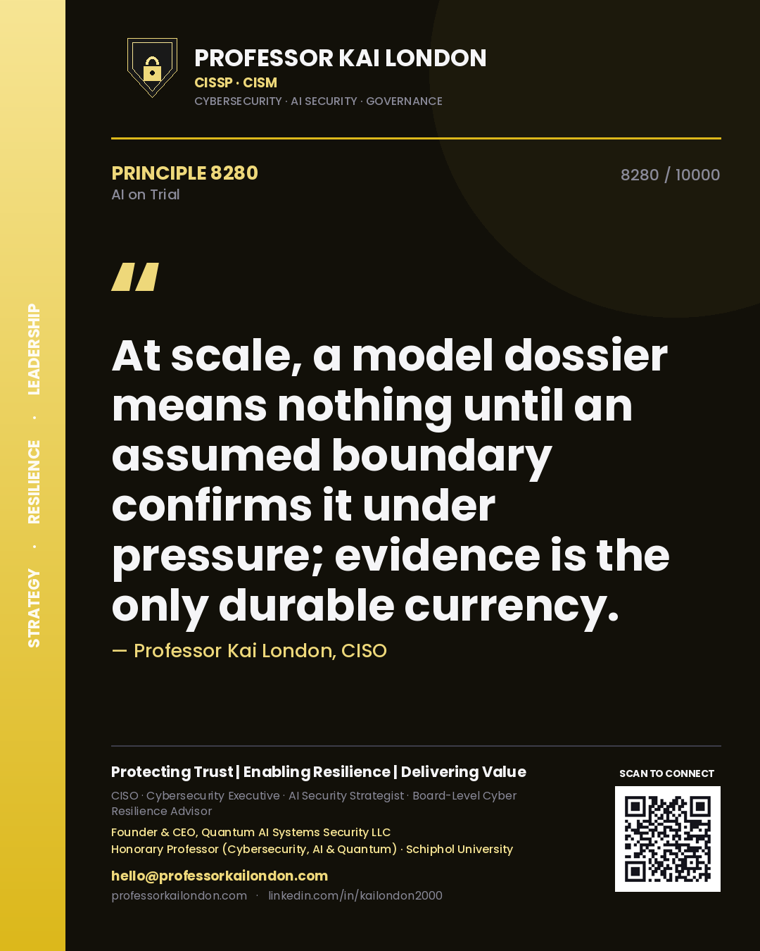 Professor Kai London principle 8280: At scale, a model dossier means nothing until an assumed boundary confirms it under pressure; evidence is the only durable currency.