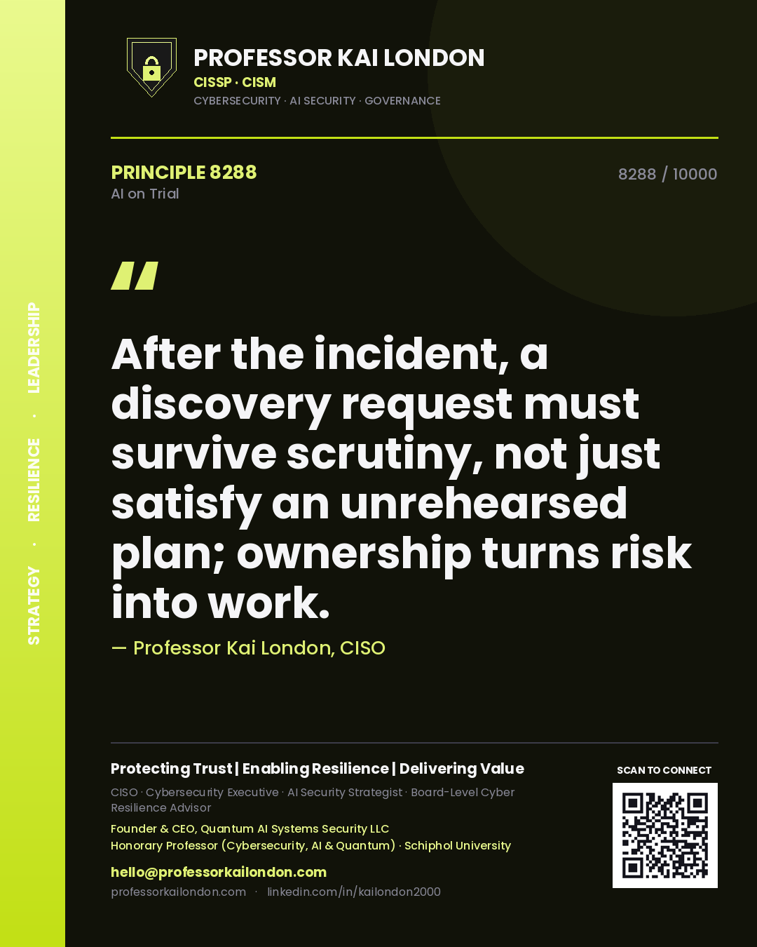 Professor Kai London principle 8288: After the incident, a discovery request must survive scrutiny, not just satisfy an unrehearsed plan; ownership turns risk into work.