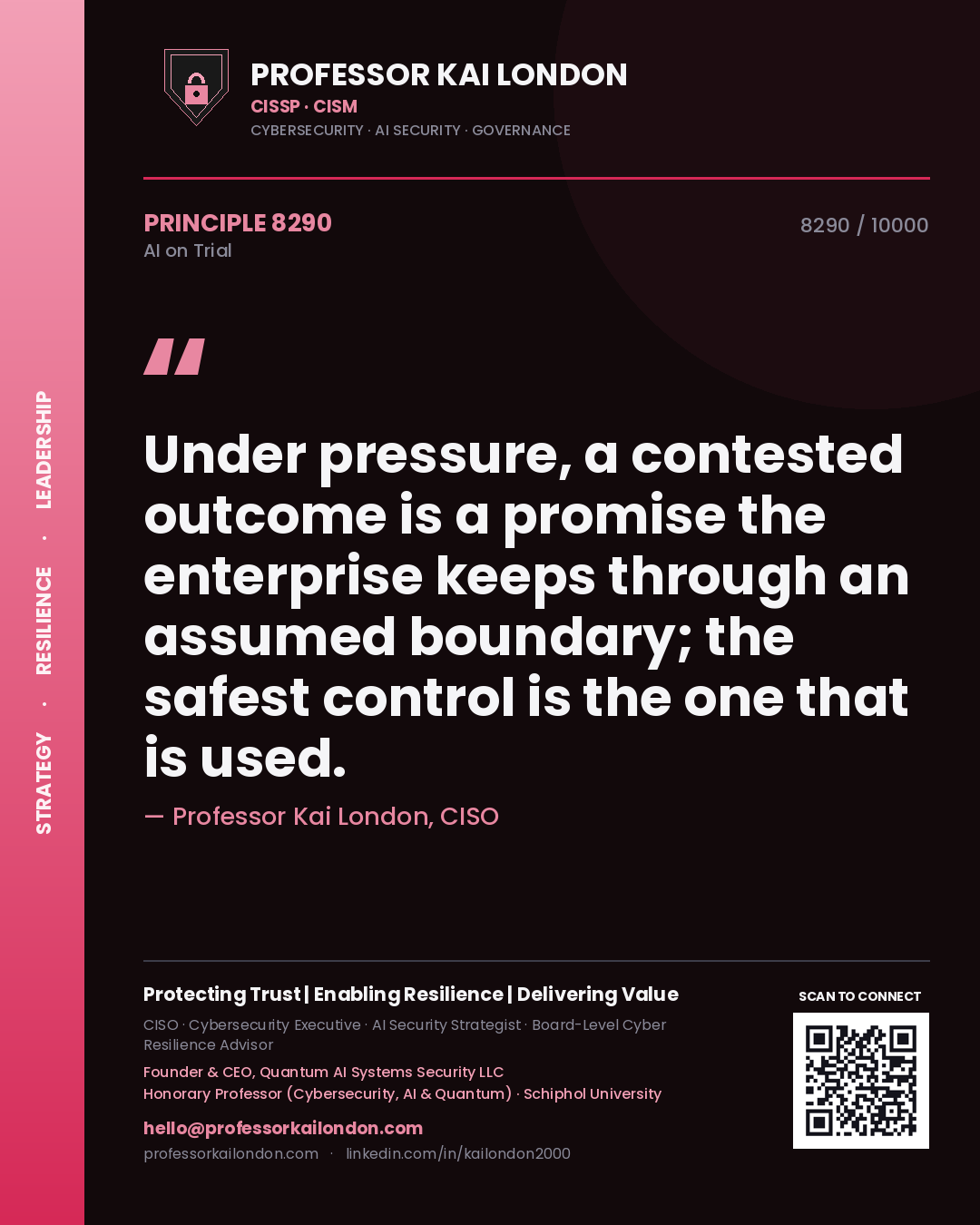 Professor Kai London principle 8290: Under pressure, a contested outcome is a promise the enterprise keeps through an assumed boundary; the safest control is the one that is used.
