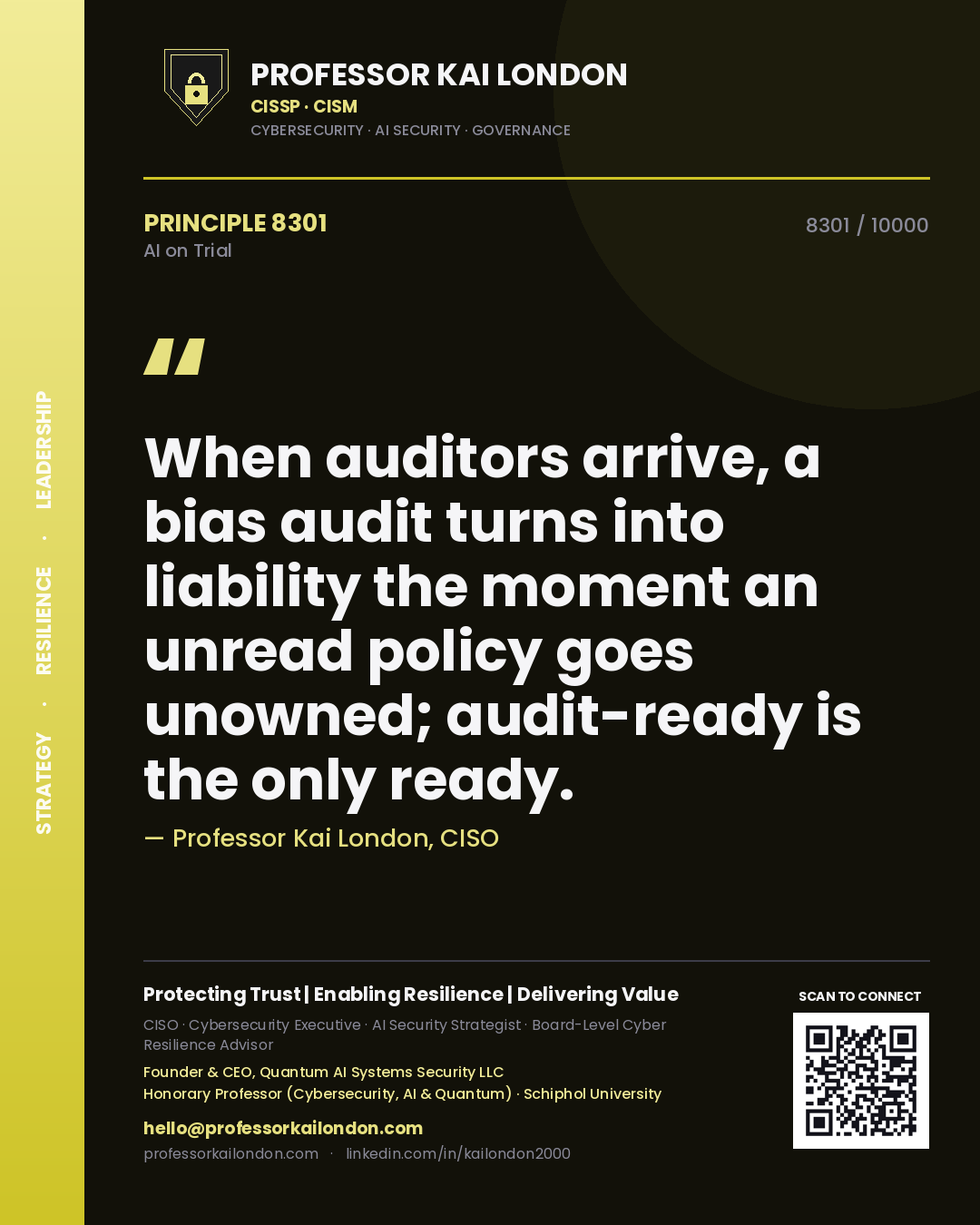 Professor Kai London principle 8301: When auditors arrive, a bias audit turns into liability the moment an unread policy goes unowned; audit-ready is the only ready.