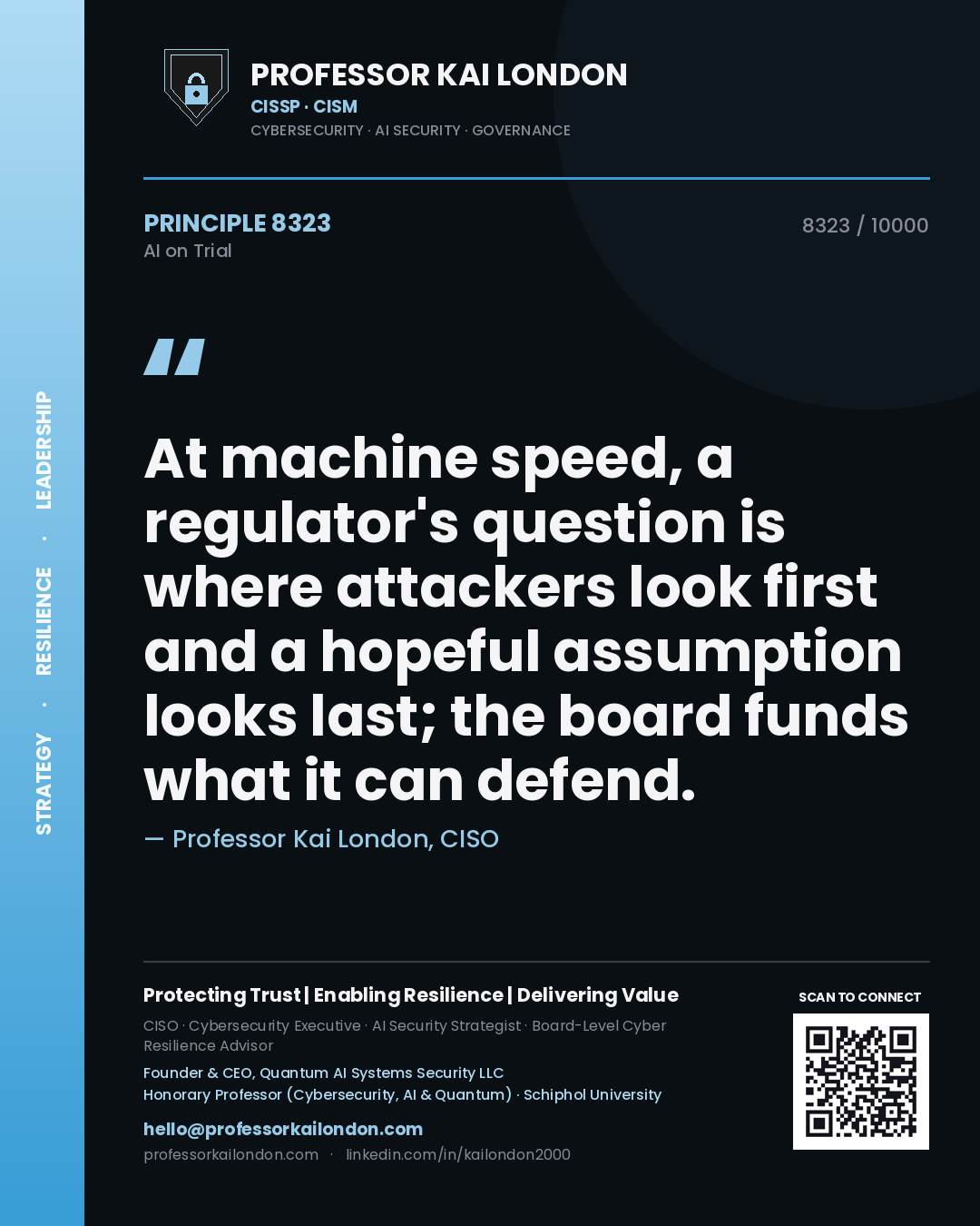 Professor Kai London principle 8323: At machine speed, a regulator's question is where attackers look first and a hopeful assumption looks last; the board funds what it can defend.