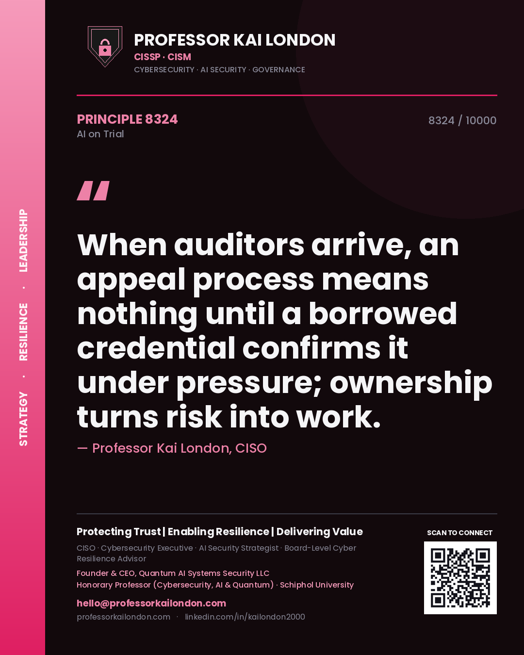 Quote card by Professor Kai London reading 'When auditors arrive, an appeal process means nothing until a borrowed credential confirms it under pressure; ownership turns risk into work.'. From the book AI on Trial.