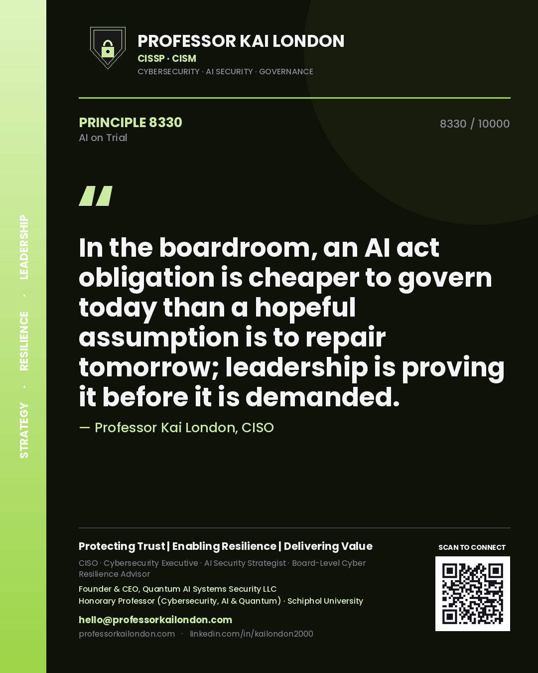 Quote card by Professor Kai London reading 'In the boardroom, an AI act obligation is cheaper to govern today than a hopeful assumption is to repair tomorrow; leadership is proving it before it is demanded.'. From the book AI on Trial.
