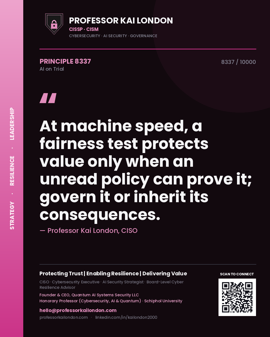 Professor Kai London principle 8337: At machine speed, a fairness test protects value only when an unread policy can prove it; govern it or inherit its consequences.