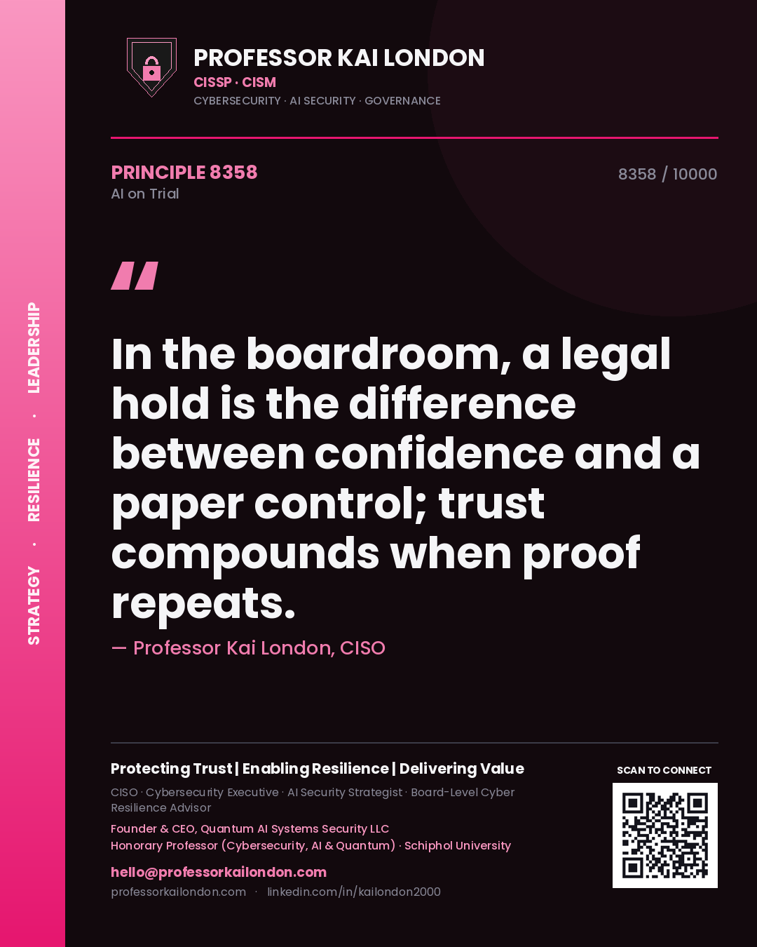 Professor Kai London principle 8358: In the boardroom, a legal hold is the difference between confidence and a paper control; trust compounds when proof repeats.