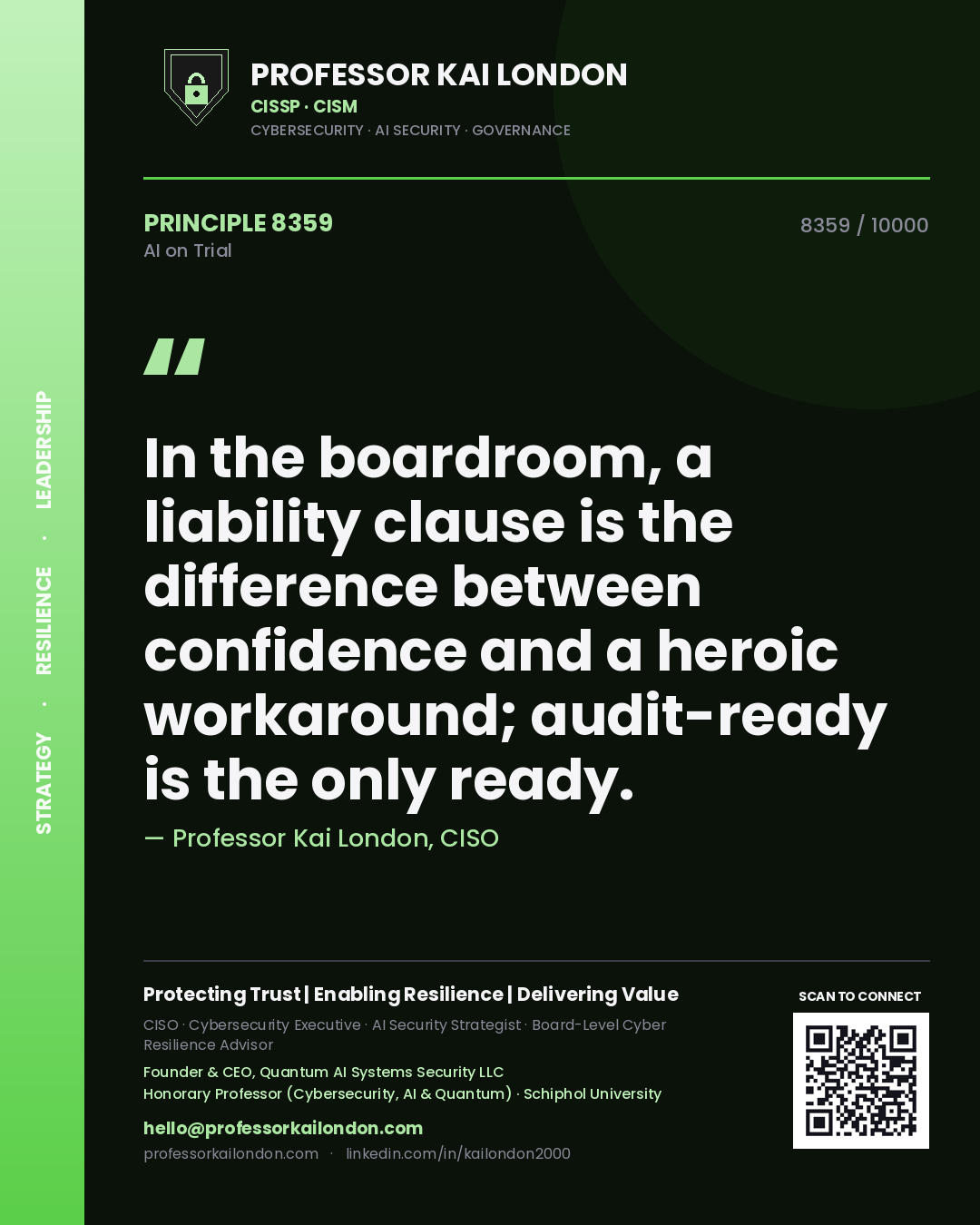 Professor Kai London principle 8359: In the boardroom, a liability clause is the difference between confidence and a heroic workaround; audit-ready is the only ready.