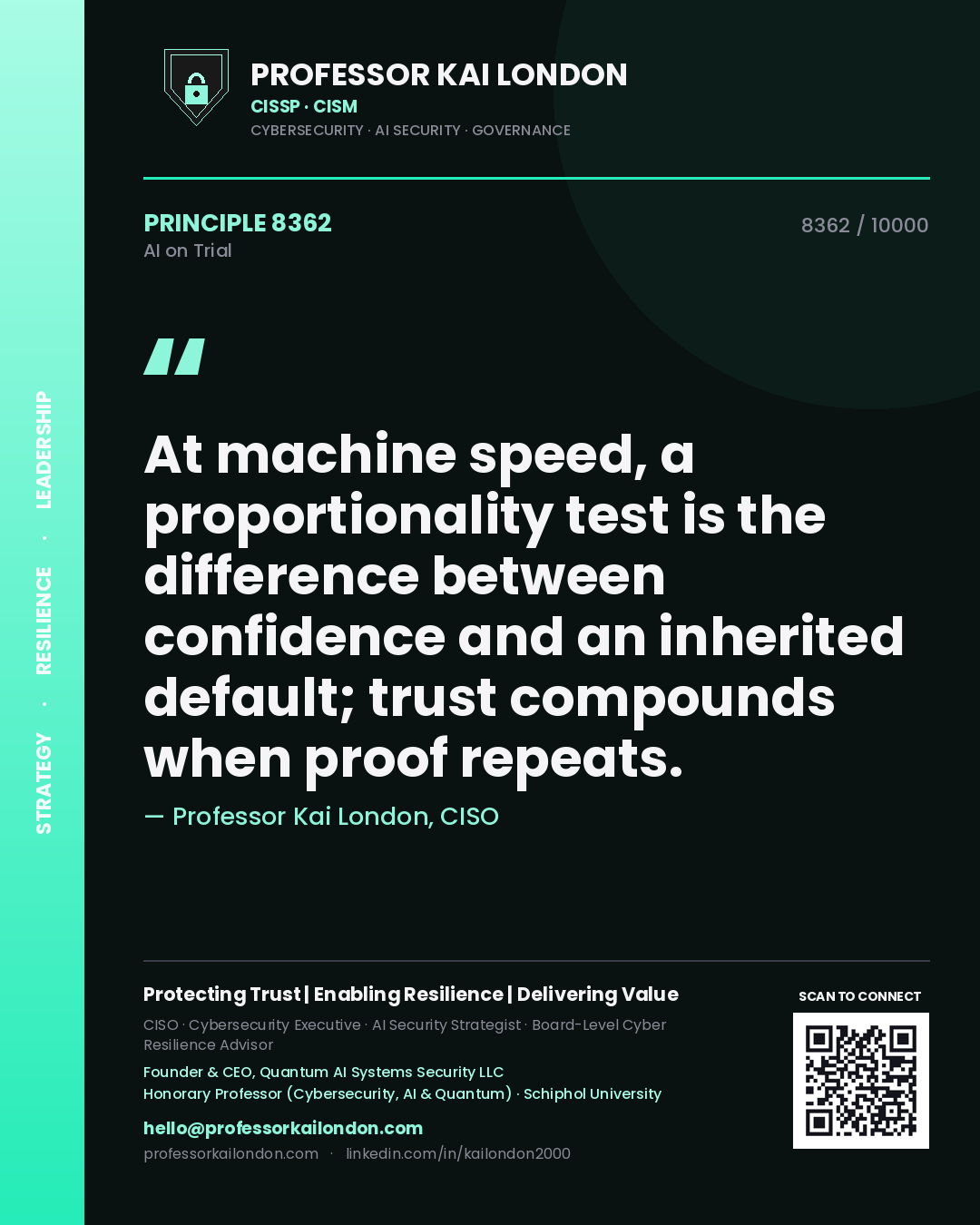 Professor Kai London principle 8362: At machine speed, a proportionality test is the difference between confidence and an inherited default; trust compounds when proof repeats.