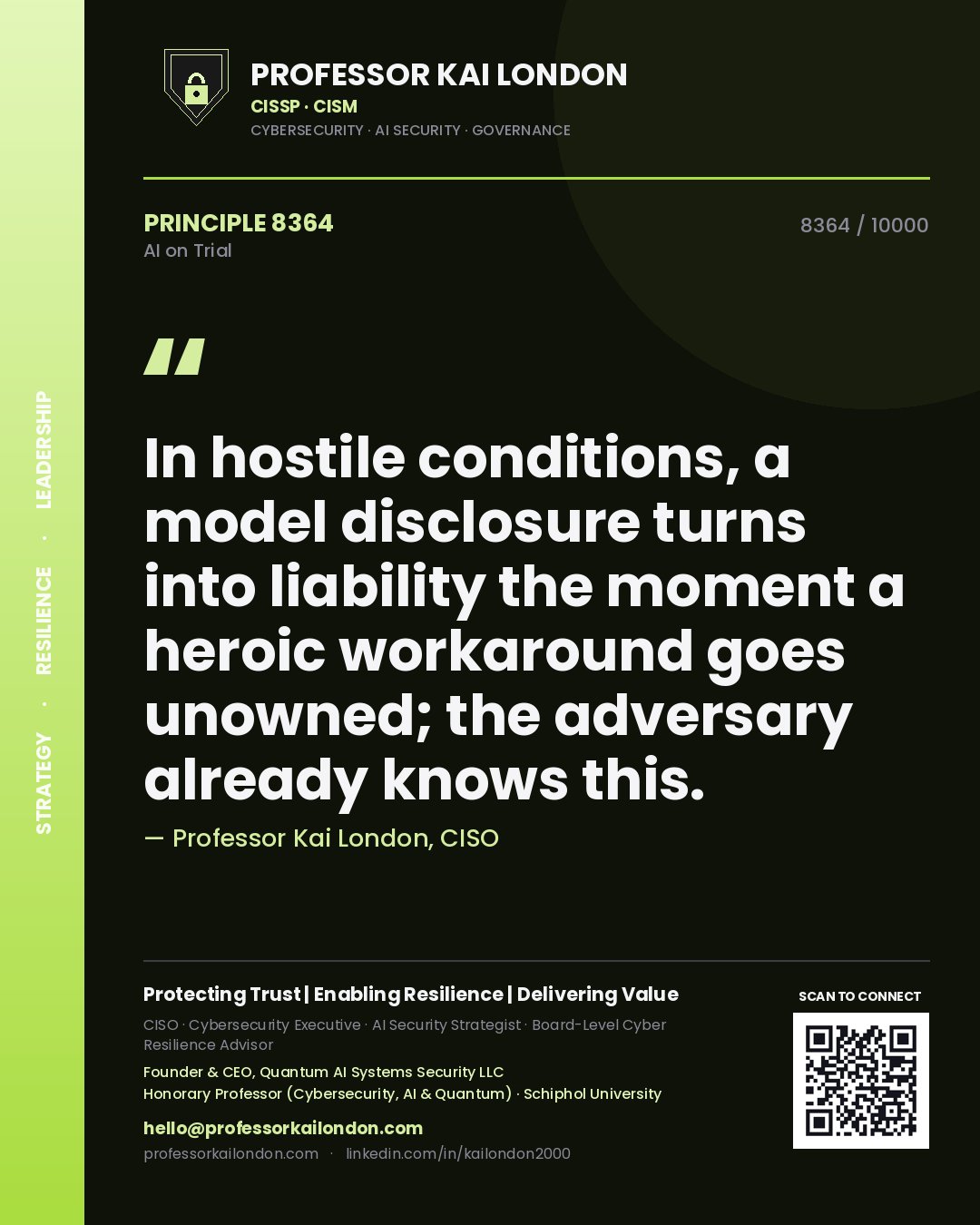 Professor Kai London principle 8364: In hostile conditions, a model disclosure turns into liability the moment a heroic workaround goes unowned; the adversary already knows this.