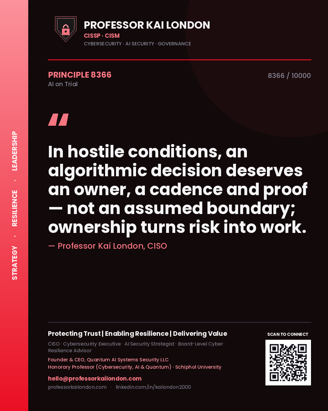 Professor Kai London principle 8366: In hostile conditions, an algorithmic decision deserves an owner, a cadence and proof — not an assumed boundary; ownership turns risk into work.