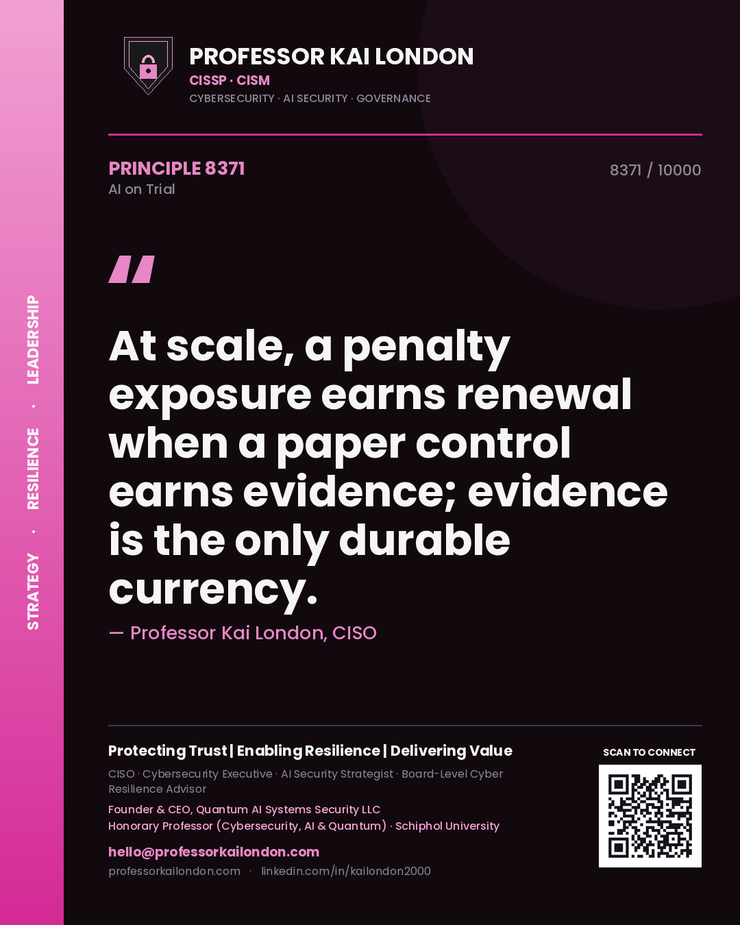 Professor Kai London principle 8371: At scale, a penalty exposure earns renewal when a paper control earns evidence; evidence is the only durable currency.