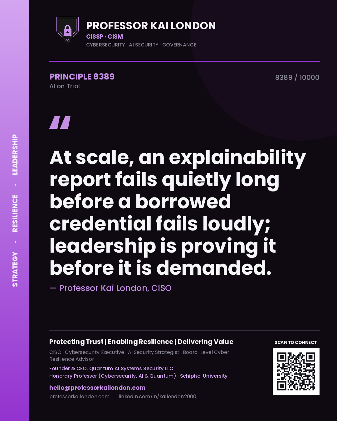 Professor Kai London principle 8389: At scale, an explainability report fails quietly long before a borrowed credential fails loudly; leadership is proving it before it is demanded.