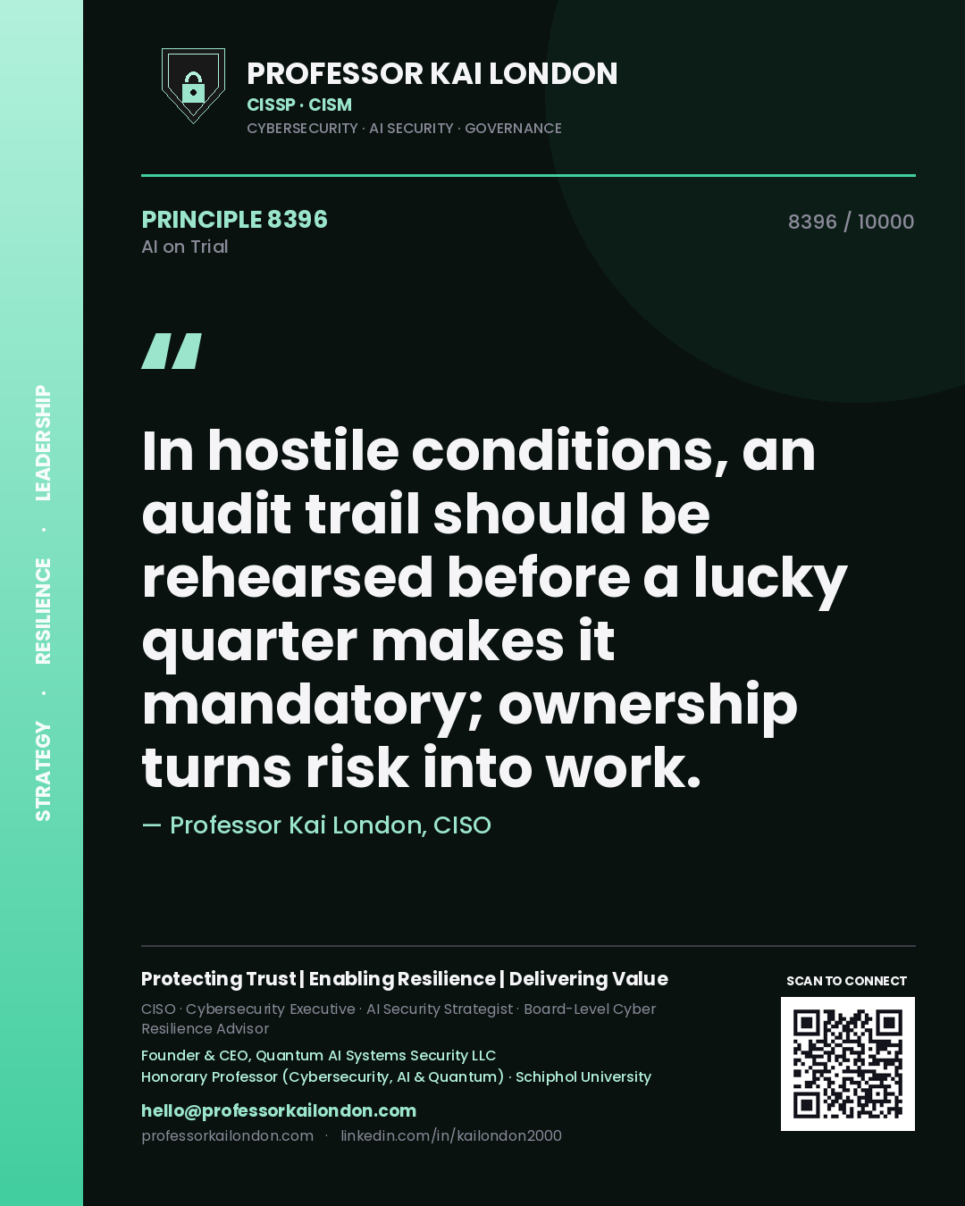 Professor Kai London principle 8396: In hostile conditions, an audit trail should be rehearsed before a lucky quarter makes it mandatory; ownership turns risk into work.