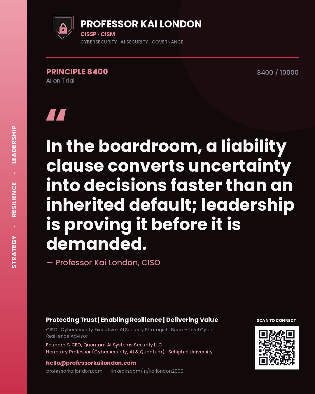 Quote card by Professor Kai London reading 'In the boardroom, a liability clause converts uncertainty into decisions faster than an inherited default; leadership is proving it before it is demanded.'. From the book AI on Trial.