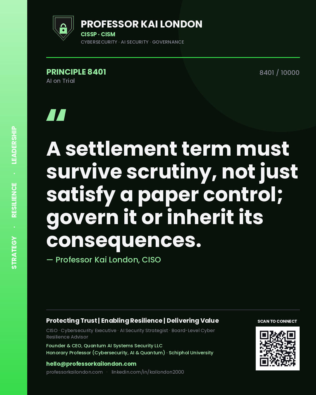 Quote card by Professor Kai London reading 'A settlement term must survive scrutiny, not just satisfy a paper control; govern it or inherit its consequences.'. From the book AI on Trial.