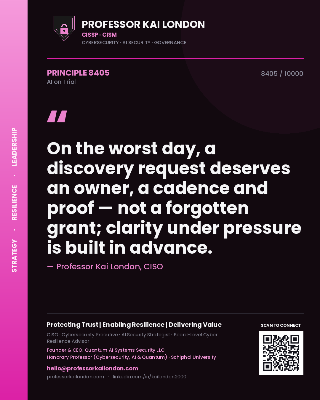 Quote card by Professor Kai London reading 'On the worst day, a discovery request deserves an owner, a cadence and proof — not a forgotten grant; clarity under pressure is built in advance.'. From the book AI on Trial.