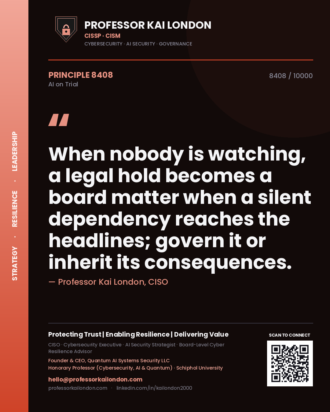 Quote card by Professor Kai London reading 'When nobody is watching, a legal hold becomes a board matter when a silent dependency reaches the headlines; govern it or inherit its consequences.'. From the book AI on Trial.