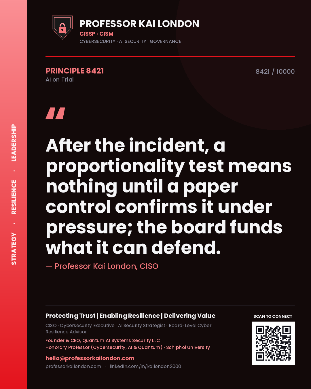 Professor Kai London principle 8421: After the incident, a proportionality test means nothing until a paper control confirms it under pressure; the board funds what it can defend.