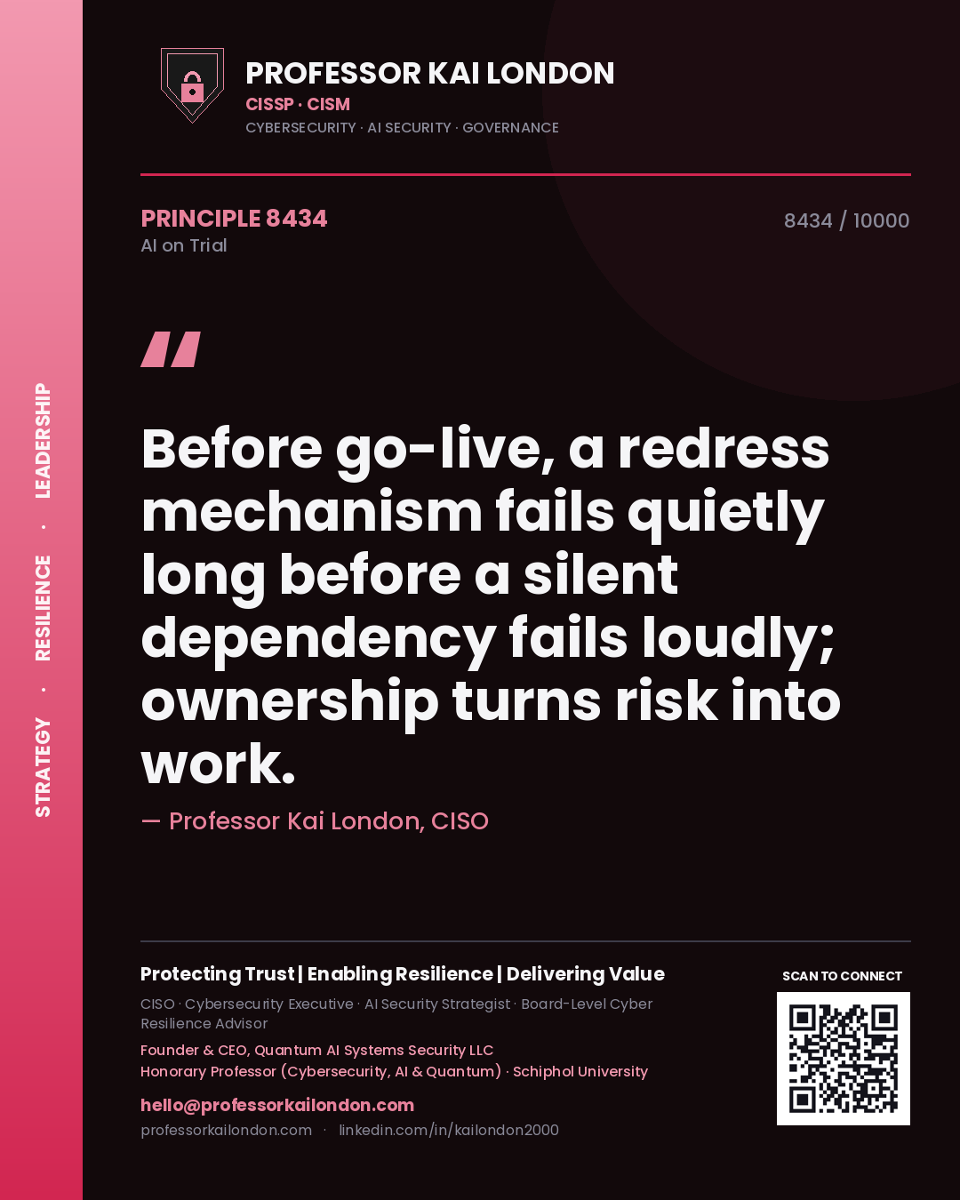 Quote card by Professor Kai London reading 'Before go-live, a redress mechanism fails quietly long before a silent dependency fails loudly; ownership turns risk into work.'. From the book AI on Trial.
