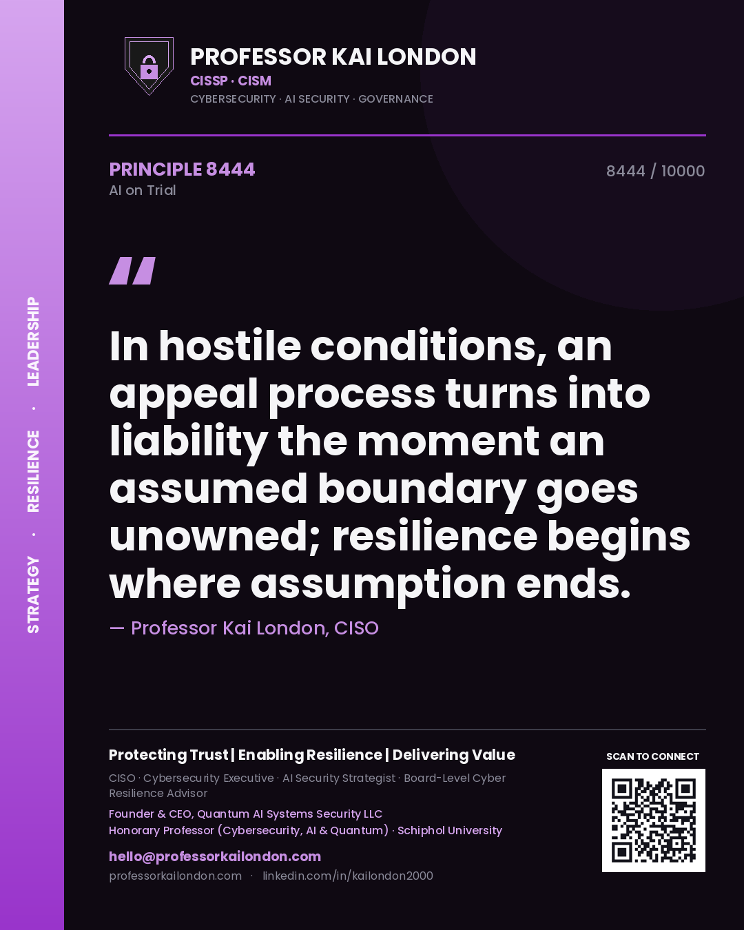 Quote card by Professor Kai London reading 'In hostile conditions, an appeal process turns into liability the moment an assumed boundary goes unowned; resilience begins where assumption ends.'. From the book AI on Trial.