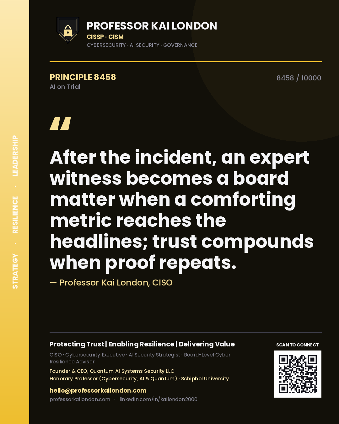 Quote card by Professor Kai London reading 'After the incident, an expert witness becomes a board matter when a comforting metric reaches the headlines; trust compounds when proof repeats.'. From the book AI on Trial.