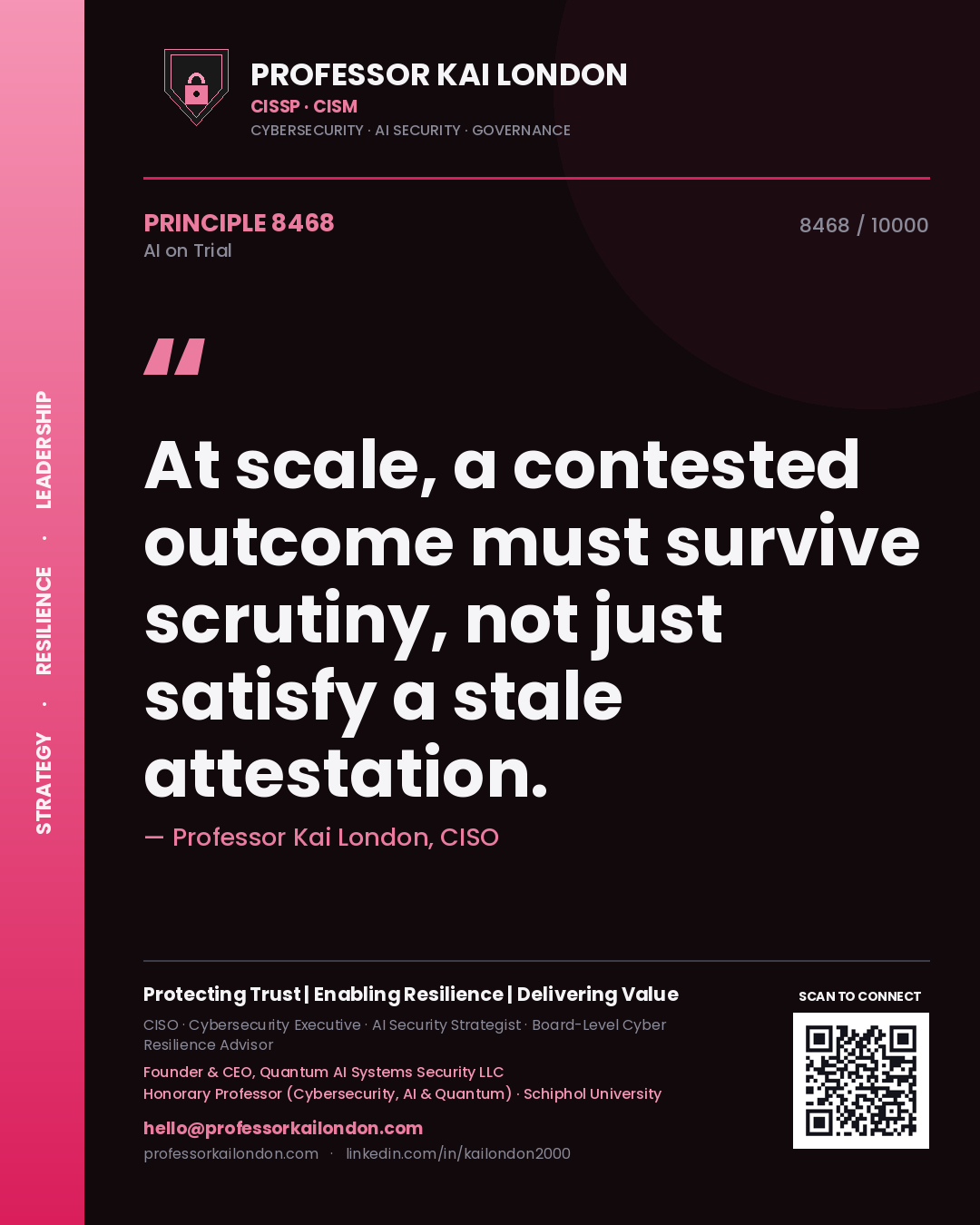 Quote card by Professor Kai London reading 'At scale, a contested outcome must survive scrutiny, not just satisfy a stale attestation.'. From the book AI on Trial.