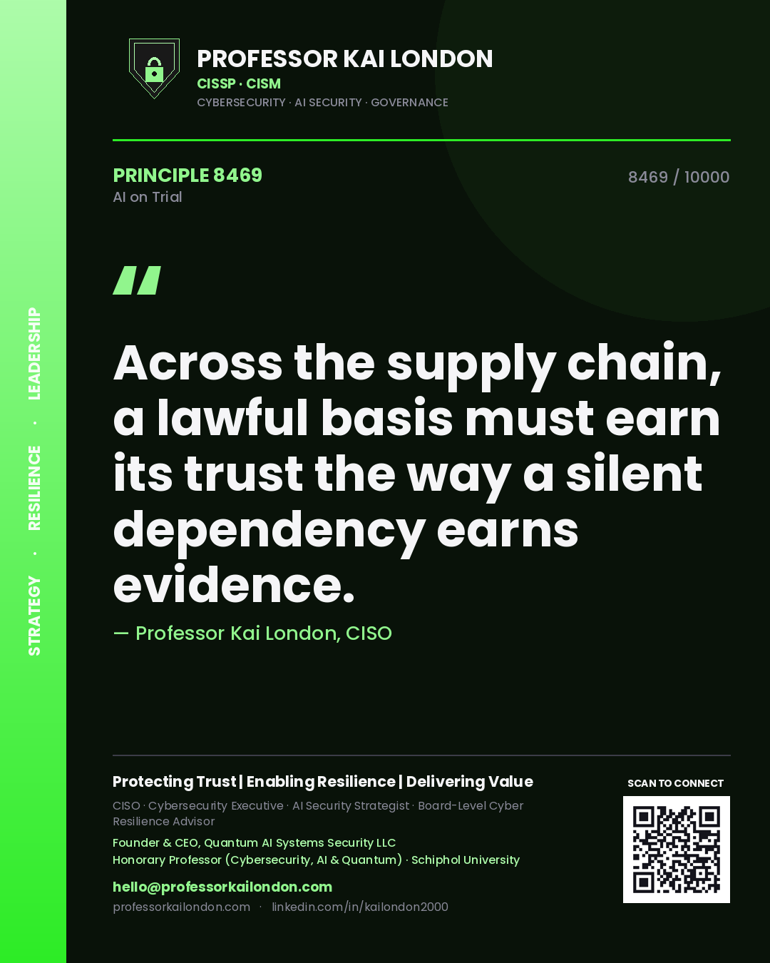 Quote card by Professor Kai London reading 'Across the supply chain, a lawful basis must earn its trust the way a silent dependency earns evidence.'. From the book AI on Trial.