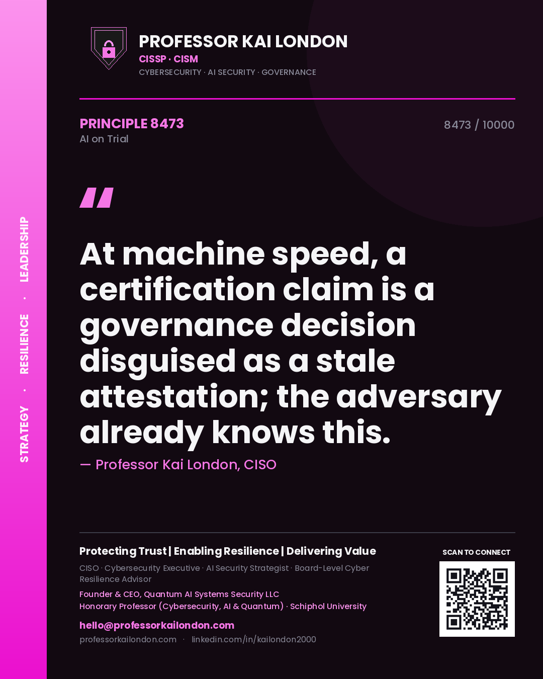Quote card by Professor Kai London reading 'At machine speed, a certification claim is a governance decision disguised as a stale attestation; the adversary already knows this.'. From the book AI on Trial.