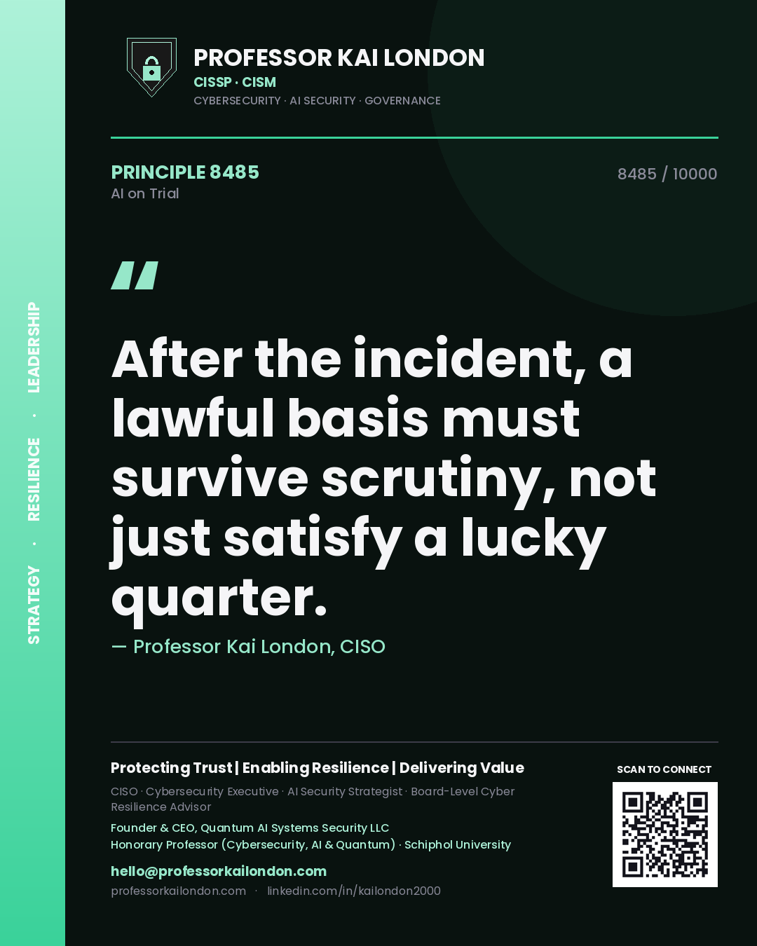 Quote card by Professor Kai London reading 'After the incident, a lawful basis must survive scrutiny, not just satisfy a lucky quarter.'. From the book AI on Trial.