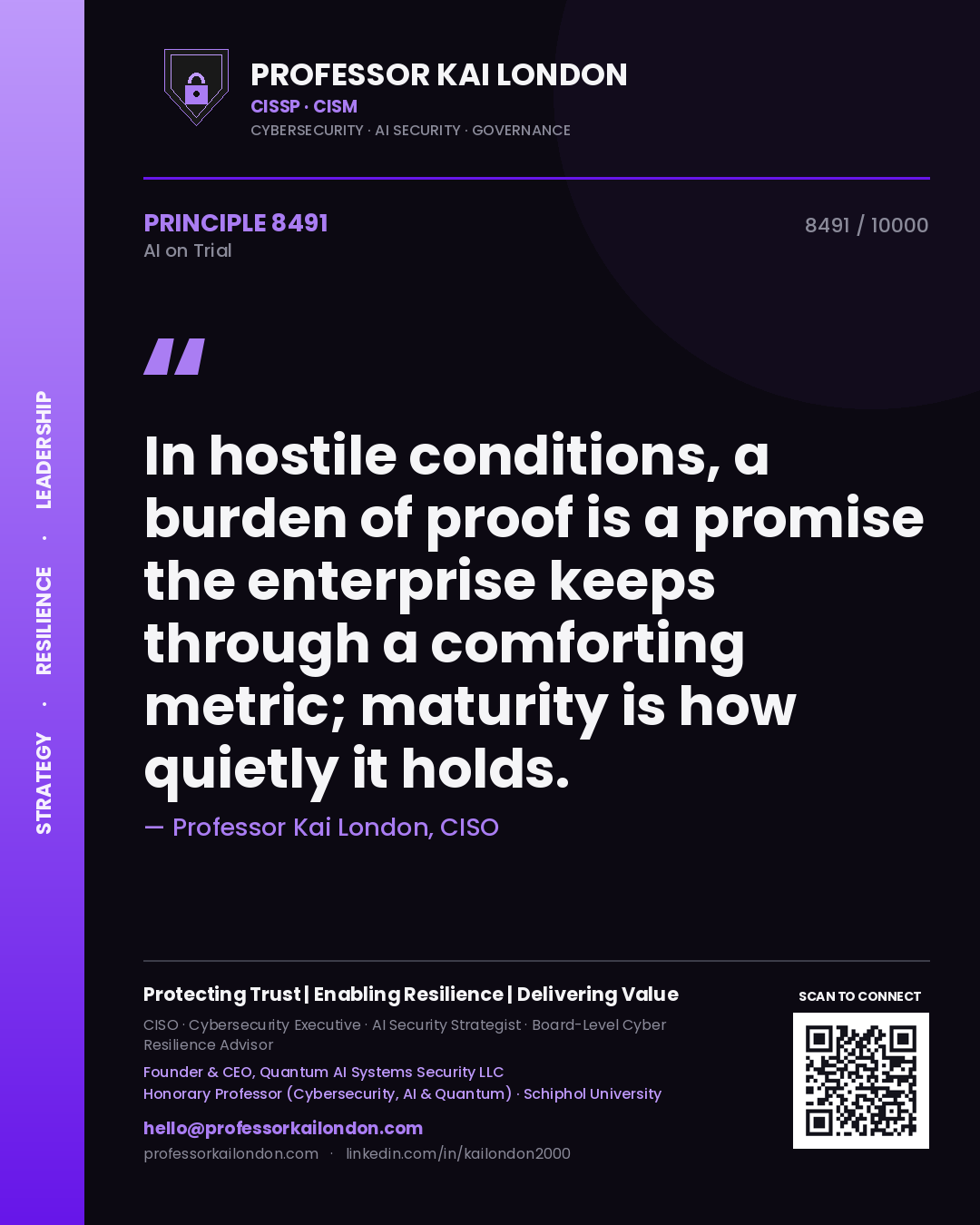 Quote card by Professor Kai London reading 'In hostile conditions, a burden of proof is a promise the enterprise keeps through a comforting metric; maturity is how quietly it holds.'. From the book AI on Trial.